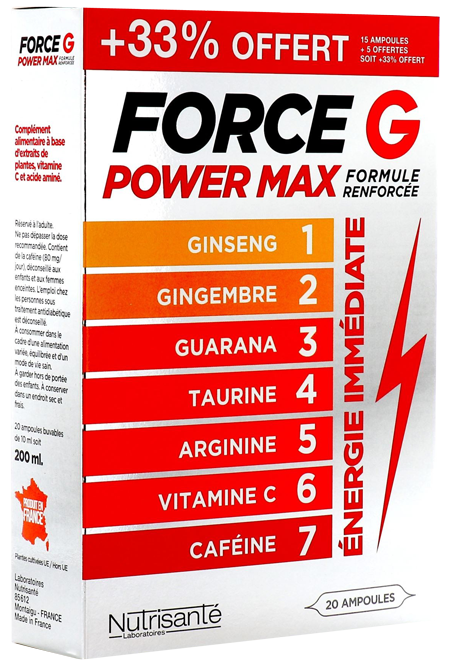 FORCE G POWER MAX Ce complément alimentaire sous forme d'ampoules est indiqué pour apporter énergie et vitalité