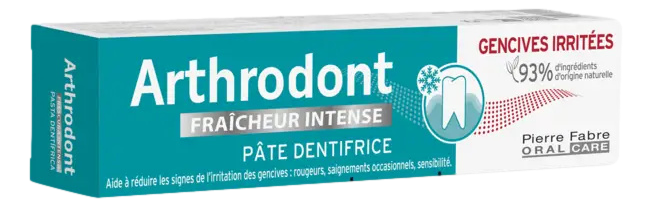 ARTHRODONT Fraicheur Intense - dentifrice gencives irritées  Une pâte dentifrice efficace dans l’accompagnement des gencives irritées. Les saignements occasionnels peuvent donc aller se brosser, et vous laisser profiter d’une sensation de fraîcheur intens