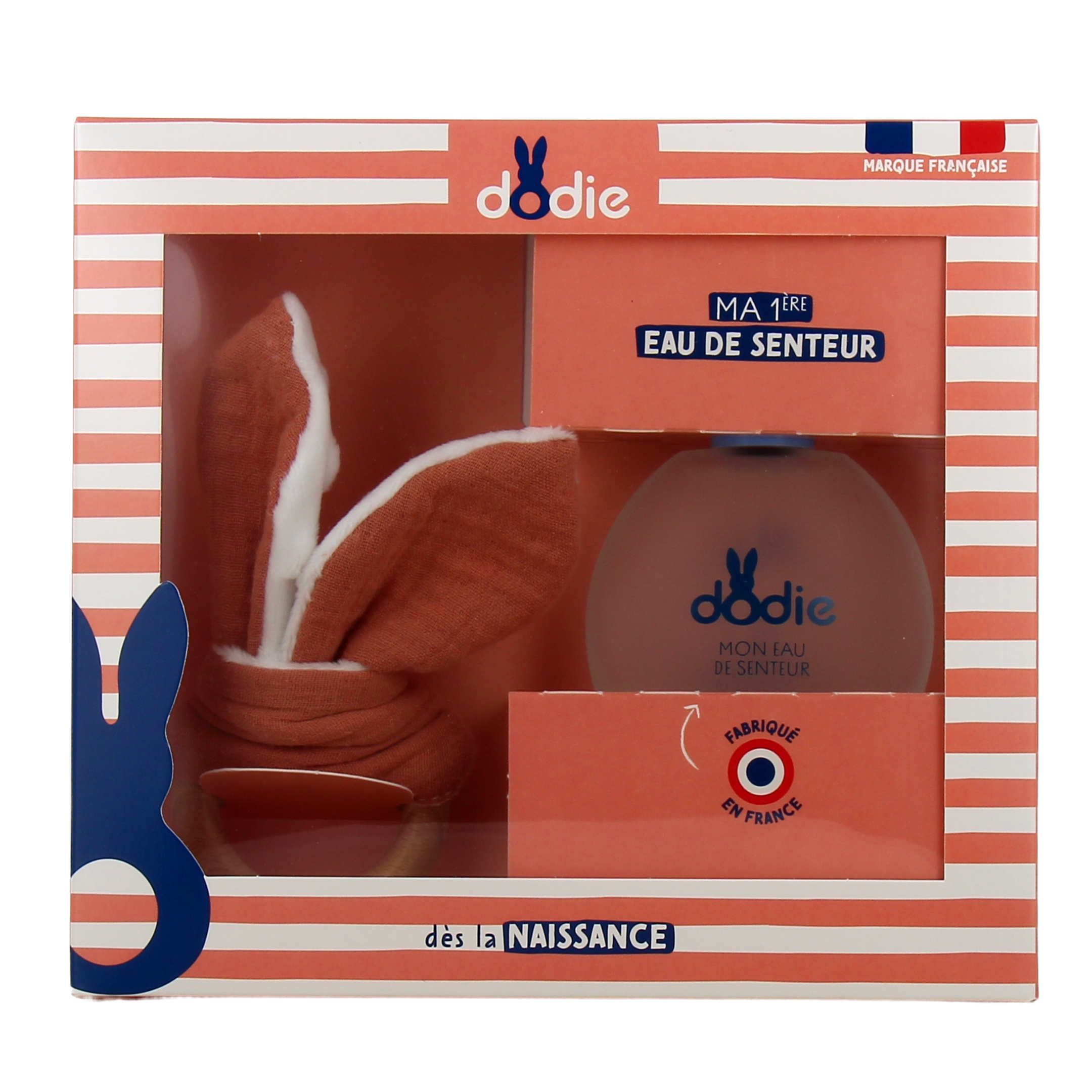 Dodie Coffret Eau de Senteur Hochet Terracotta   Coffret Ma 1ère eau de senteur 1 Eau de Senteur 50 ml : Spécialement developpée pour la peau des tout-petits, l'eau de senteur Dodie parfume votre bébé en toute légèreté 1 Doudou de Dentition : Accompagne v