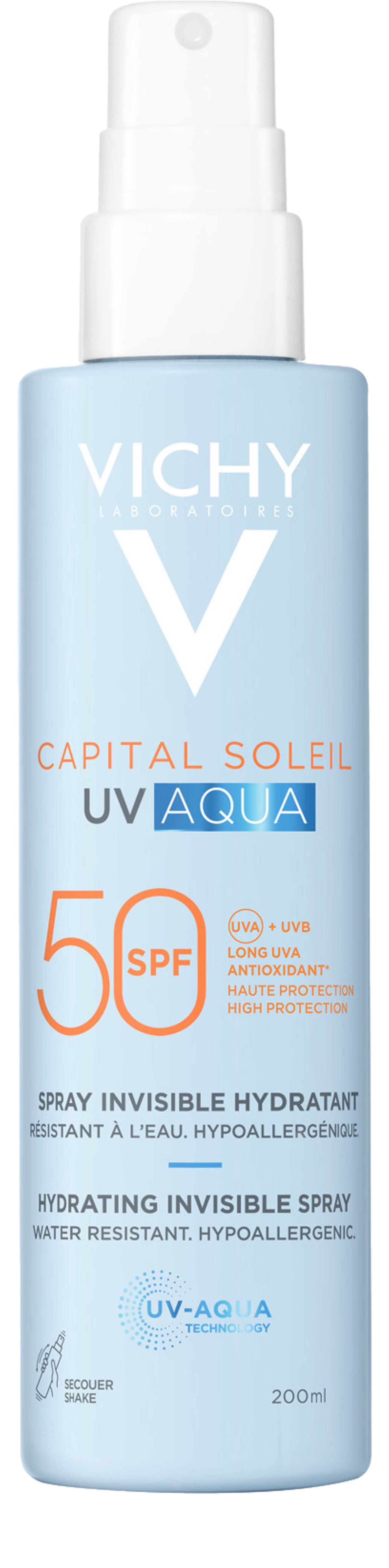 Capital Soleil UV Aqua Spray Invisible Hydratant SPF50 Apporte à la peau une hydratation durable et une protection solaire élevée grâce à la technologie exclusive UV-Aqua. 200 ml