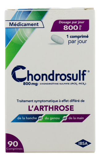 CHONDROSULF 800 mg Chondrosulf est un médicament indiqué dans le traitement symptomatique de l'arthrose, notamment de la hanche et du genou. 90 comprimés
